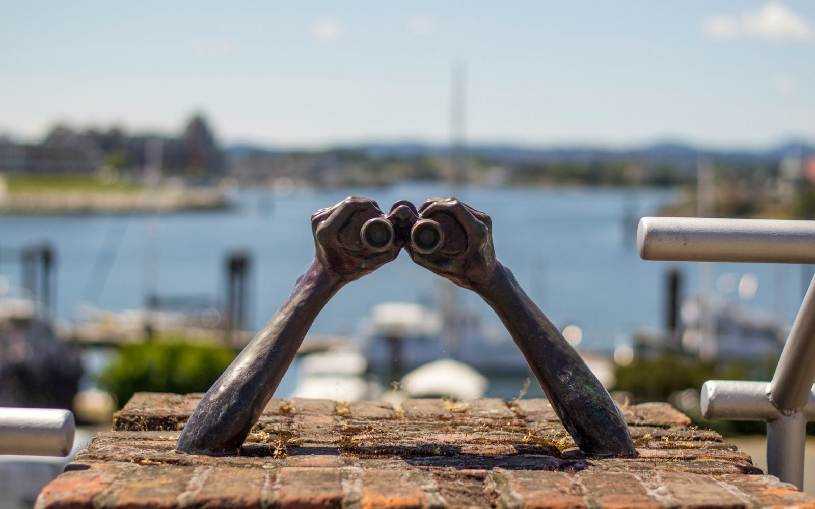 binoculars statue in victoria bc with view of the inner harbour