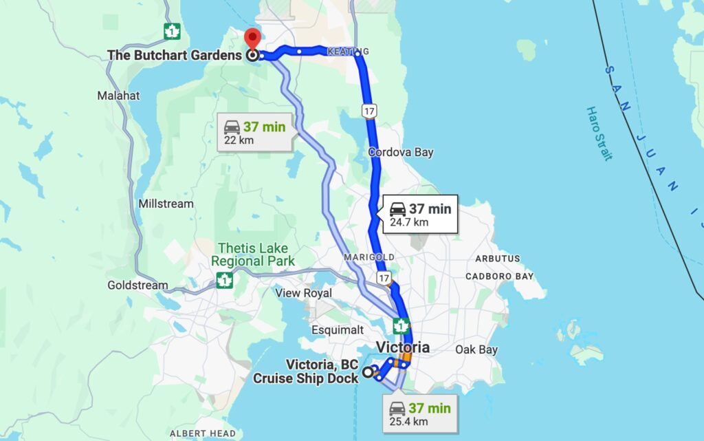 A map illustrating how to get to Butchart Gardens from Victoria Cruise Terminal.