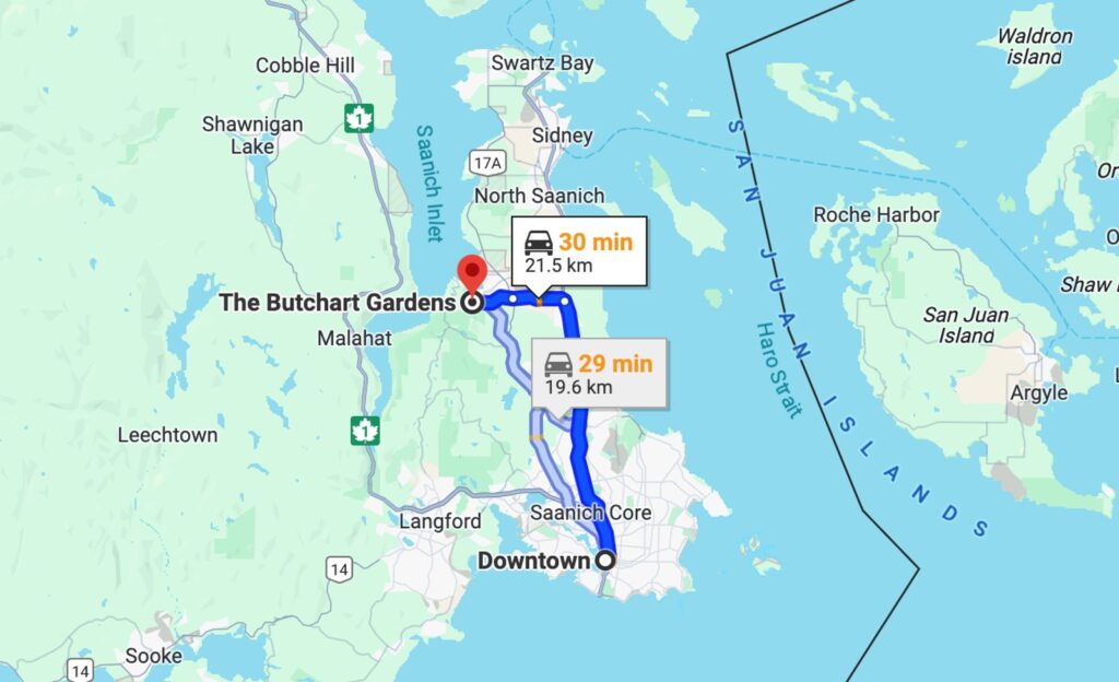 a map displaying how to get to Butchart Gardens from Victoria. 